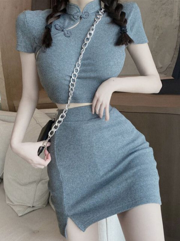 تي شيرت تنورة مجموعات النساء Vintage تصميم الترفيه عالية الخصر الحلو الجوف خارج السيدات العطاء أنيقة نقية النمط الصيني الصيف مصغرة