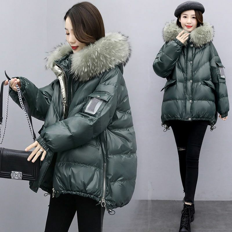 Jaqueta casual de algodão com gola grande de pele, casaco solto, versão coreana, nova moda, outono e inverno, 2023