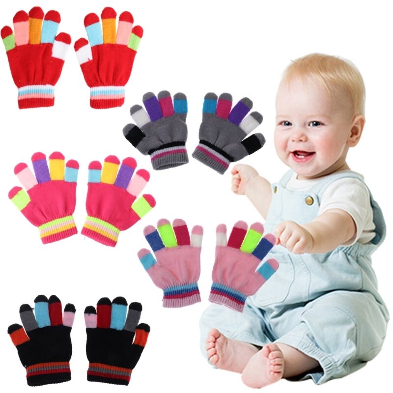 Y1UB 1 paio guanti a righe colorate lavorati a maglia per ragazzi e ragazze, guanti solidi multicolori elastici