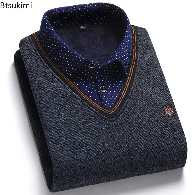 2024 Autumn Winter Men's Fake Two Knitted Sweater Fashion Plush Thickened Embroidered Shirt Collar Pullover Male Solid Warm Tops
