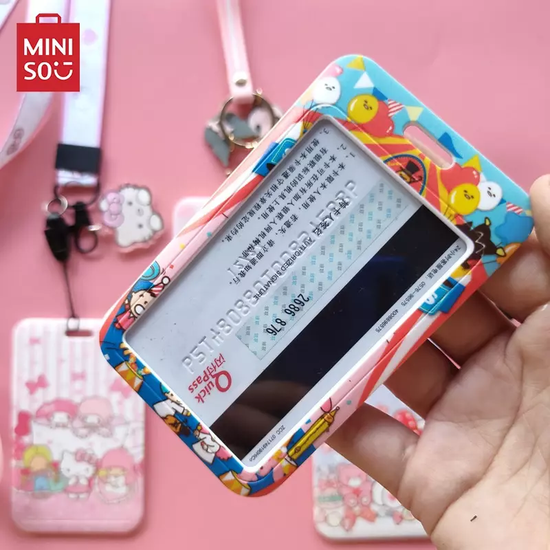 حقيبة غطاء بطاقة MINISO Sanrio Hello Kitty ، شخصية Kawaii ، Kuromi Melody ، شارة تأثيري ، حامل بطاقات هوية بنكية ، حبل عنق بحمالات