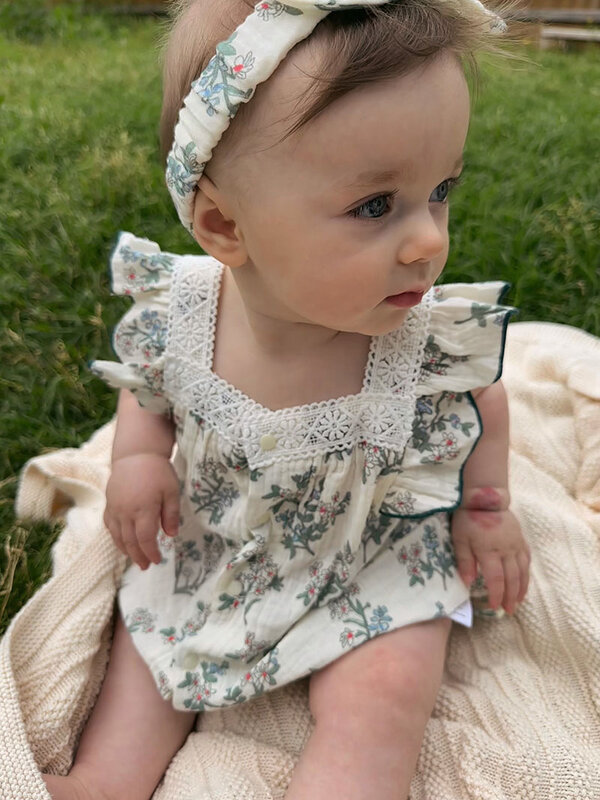 MILANCEL nowe letnie niemowlęta dziewczynki pajacyki jednoczęściowy kombinezon ze słodkim zielona w kwiaty z opaską do włosów dla niemowląt