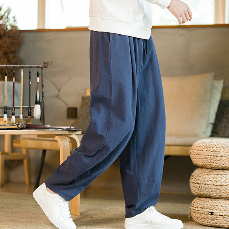 Spodnie spodnie szerokie luźne męskie w jednolitym kolorze workowate bawełniane i lniane elastyczne spodnie lampion Pant zimowe