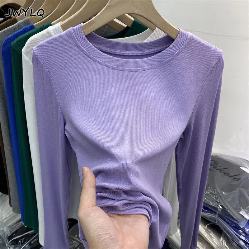 한국 패션 라운드넥 티셔츠 탑 슬림 긴 소매 크롭 탑 여성용, 섹시한 탄성 보터밍 셔츠 상의