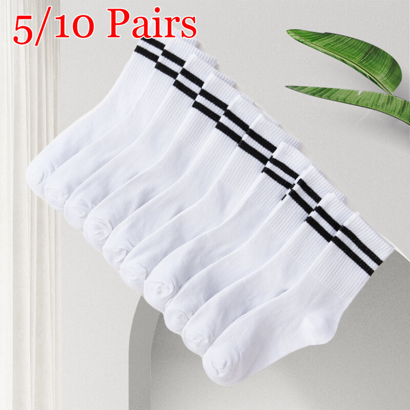 Conjunto de meias de algodão para homens e mulheres, tubo alto, comprimento médio, monocromático, preto, branco, barras paralelas, absorção de suor popular, 5 pares, 10 pares