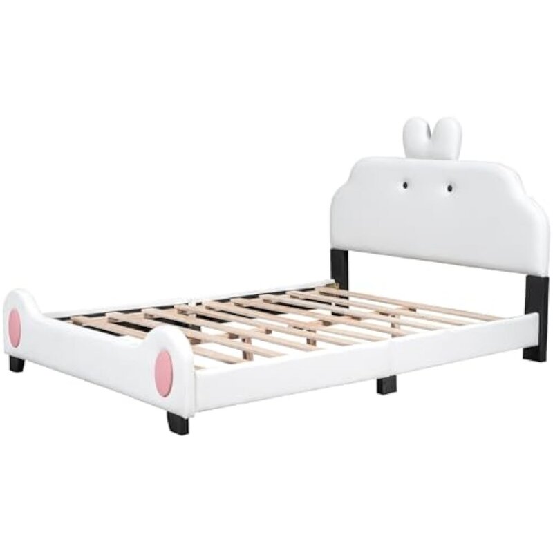 Marco de cama de plataforma de cojín, cabecero y reposapiés con orejas de animales, marco de cama de plataforma de madera maciza, soporte de fideos planos de madera