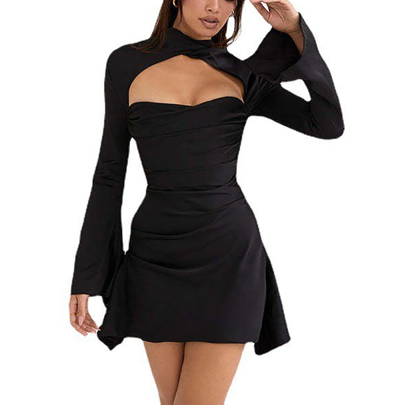 Mini robe drapée noire à manches longues pour femmes, robes de soirée sexy, robes d'invité de mariage, robe de soirée d'anniversaire