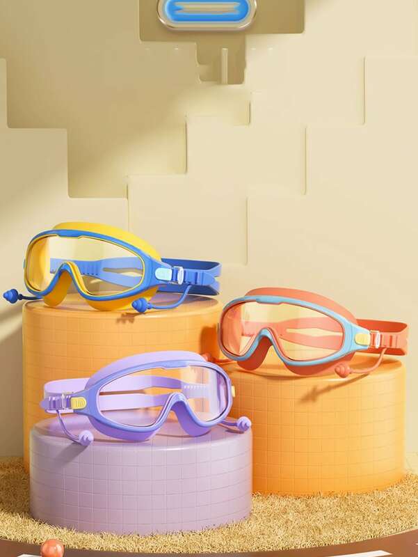 Óculos de natação com armação grande para crianças com tampões de ouvido, óculos antinevoeiro para meninos e meninas, óculos para piscina de praia de 2 a 6 anos