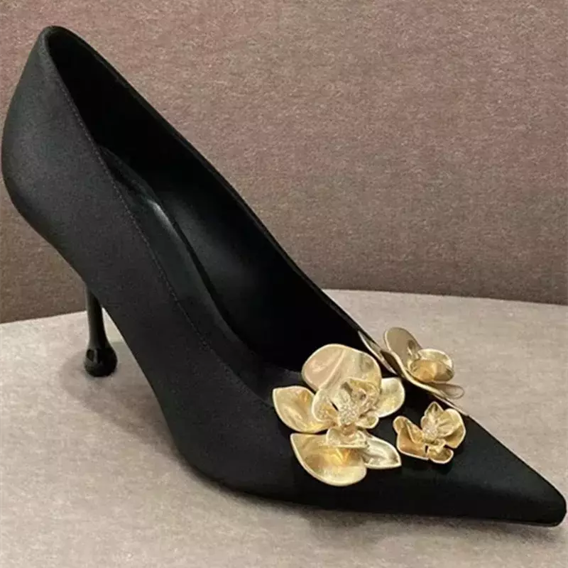 2024 Summer New European and American High Heels Gold Flower Square Heel Shoes Women Sexy Sandals