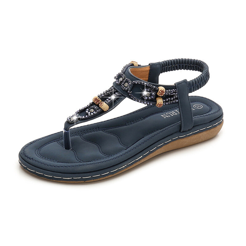 Sandálias Boho Rhinestone Sequin para mulheres, sapatos de praia Open Toe, sandálias trançadas planas, plus size, novo, 2024