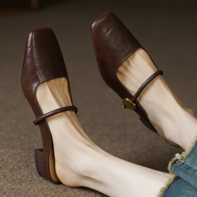 รองเท้าผู้หญิงไซส์ใหญ่พิเศษ33-41นิ้ว, รองเท้าส้นเตี้ยทรงสี่เหลี่ยมทำจากหนังวัวสวมใส่สบาย
