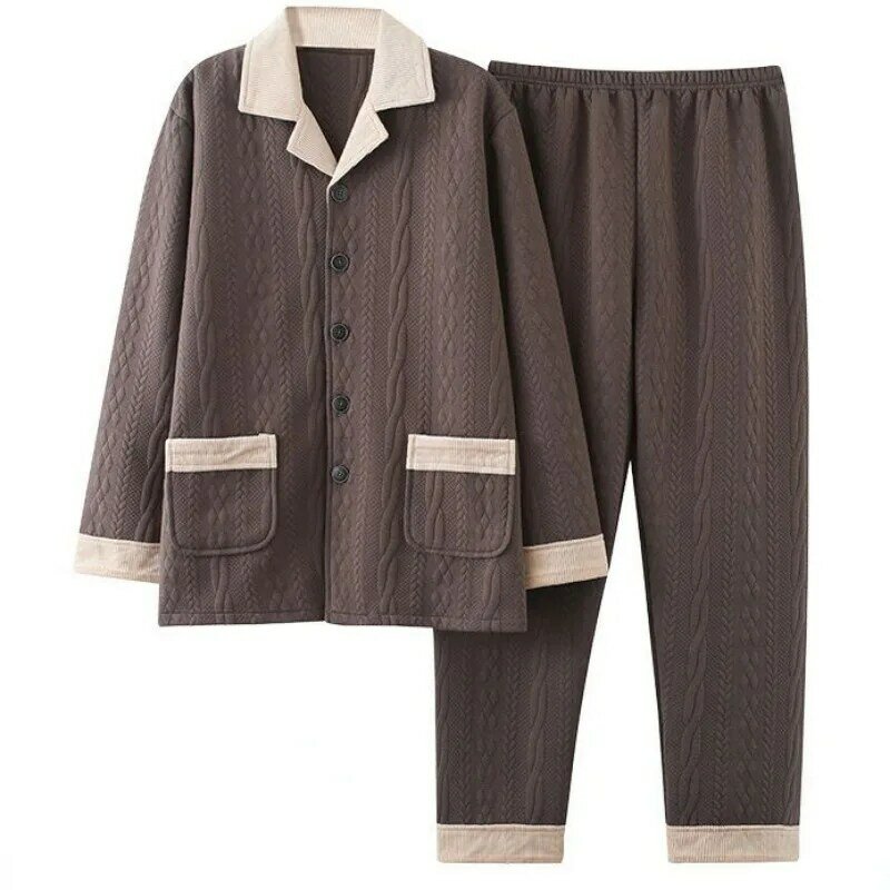 2023 Men's Pajamas Autumn Winter Pure Cotton Thickened Cotton Clip Large Size Loungewear Air Cotton Sandwich Homewear Suit Set
