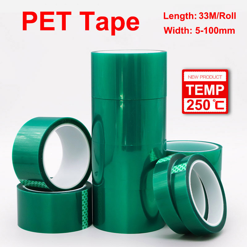 Cinta adhesiva de un solo lado con recubrimiento en polvo, cinta de poliéster verde, PET, alta temperatura, ancho de 5mm-100mm, 33 m/rollo, 1 piezas