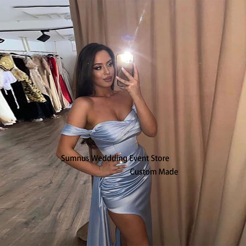 Sumnus Sky Blue Falten Formaly Abendkleid Meerjungfrau Weg Von Der Schulter Side Split Schatz Prom Kleider Dubai Celebrity Kleider