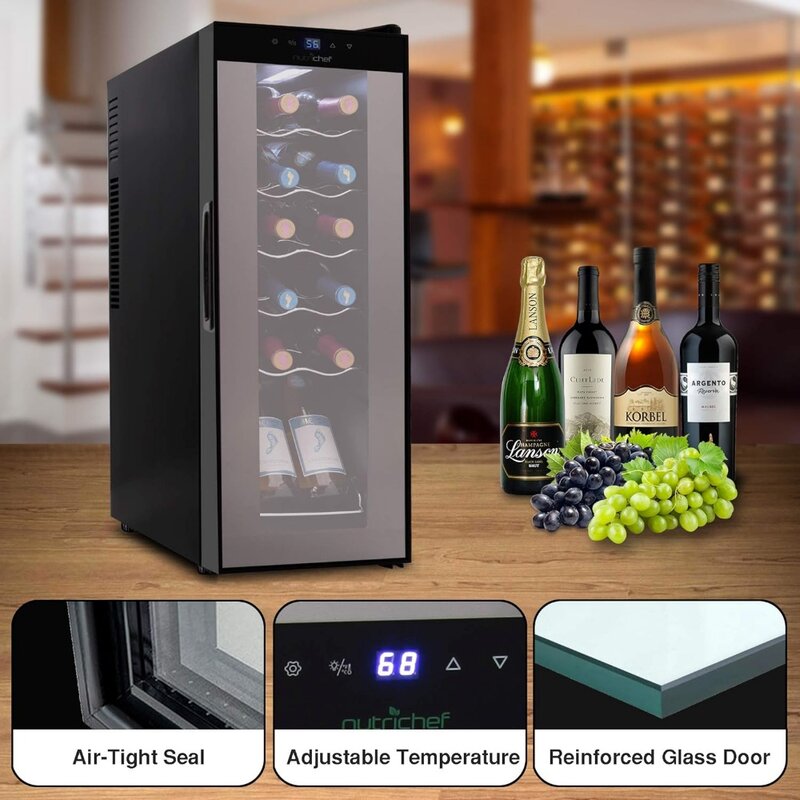 Raffreddatore bianco e rosso-Mini frigorifero per vino compatto da appoggio autoportante capacità 12 bottiglie, controllo digitale, porta in vetro