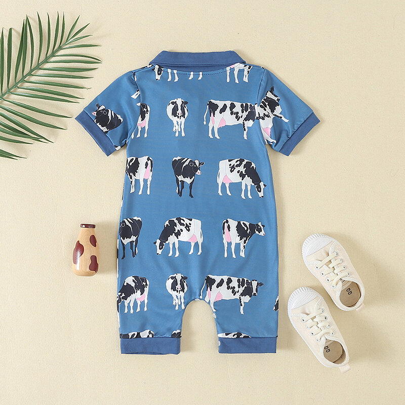 Baby Boy Cow Print Romper, shorts de manga curta, macacão cowboy, roupa ocidental, roupas de verão
