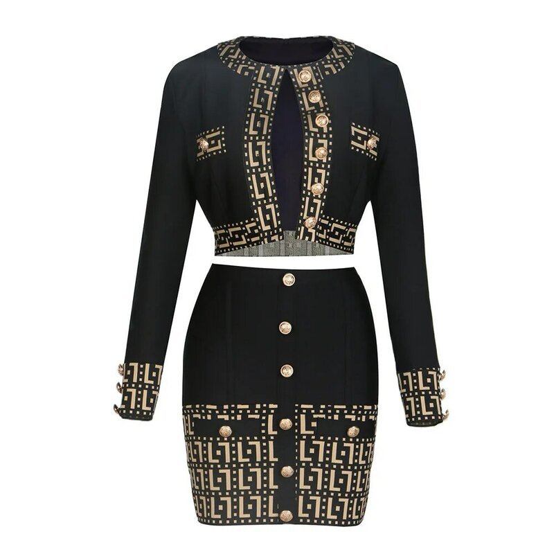 女性のためのエレガントなイブニングドレスセット,幾何学的なプリント,長袖,ボタン付き,新しい秋のコレクション2024