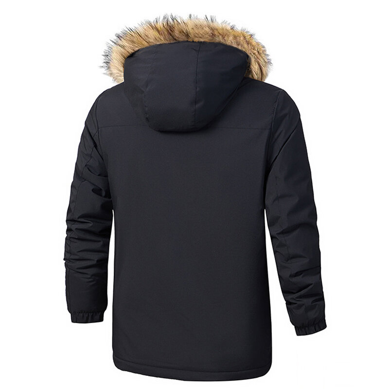 Jaket Musim Dingin Garis Bulu Kerah Bulu Pria Bertudung Tahan Angin Mantel Jaket Hangat Pria Pakaian Luar Ruangan Topi Dapat Dilepas Mantel Pakaian Luar