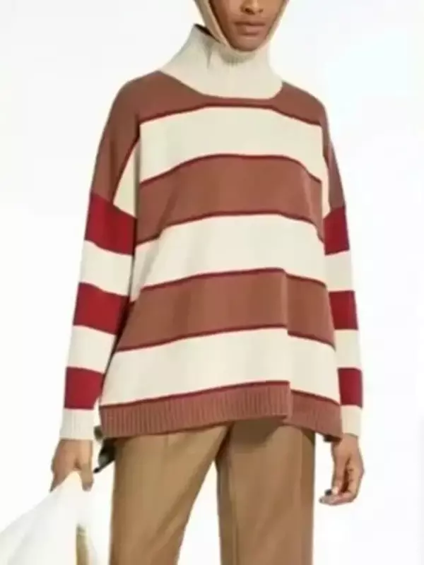 Women Sweater Contrast Striped Loose All-Match Turtleneck Long Sleeve Knitted Pullovers