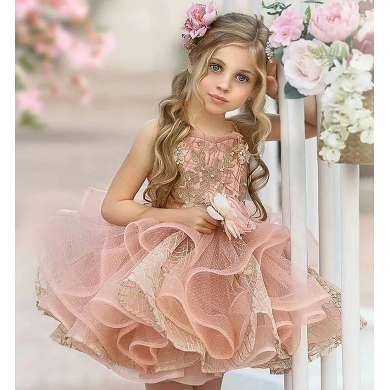 Applique renda camadas Ruffy tule flor vestido, vestido curto bonito concurso princesa vestidos, casamento e festa de aniversário para crianças, 2024