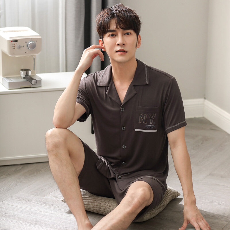 New Men's Breathable Thin Modal Pajamas Large Relaxed Summer Short Sleeve Shorts Cool Elastic Medium And Youth Homewear Button