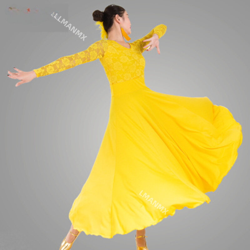 Vestido de baile de Salón Estándar para mujer, falda de baile Flamenco de manga de encaje de alta calidad, vestido de salón de vals de escenario barato, 2021