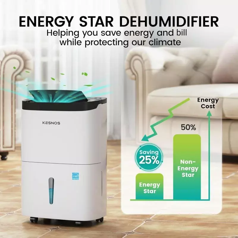 Kesnos 120 Pints Energy Star Home Dehumidifier for Space Up to 6,000 Sq. Ft. - Dehumidifier with Drain Hose, Self-Drying, Handle