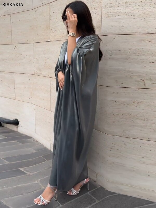 Siskakia Kimono Abayas para Mulheres Modesto Muçulmano Marroquino Dubai Moda Casual Aberto Abaya Cetim De Seda Corban Eid Al Adha 2023 Novo