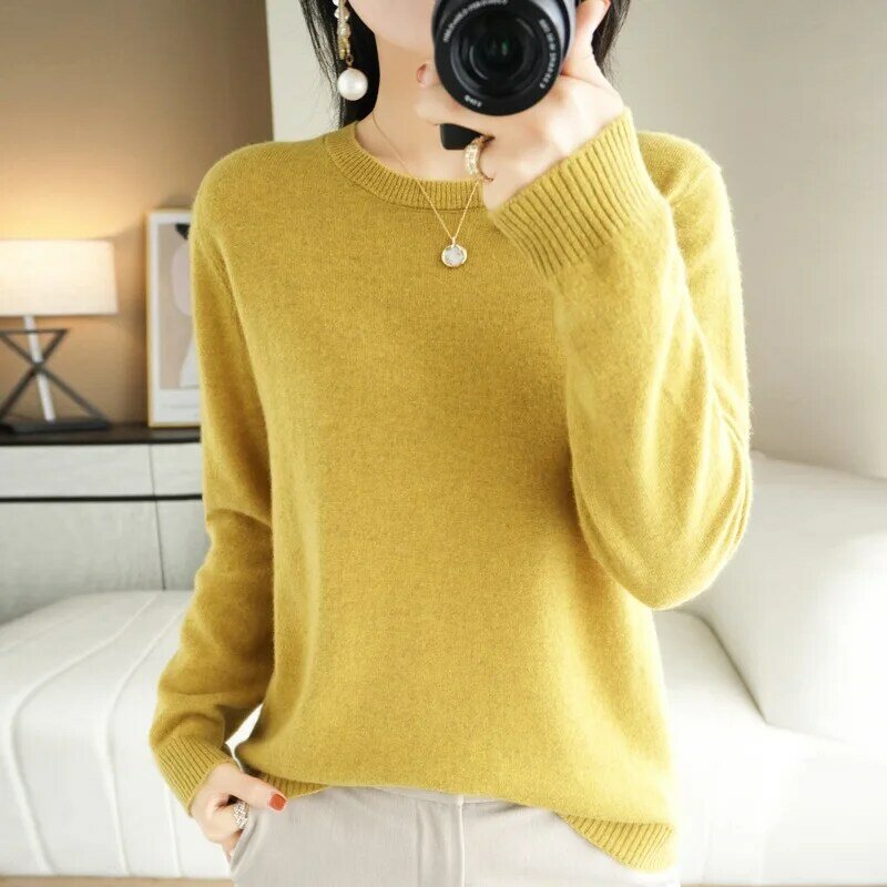 Fashion 100% Merino Wool Cashmere Women Knitted Sweater O-Neck Long Sleeve Pullover Autumn Clothing Jumper Top