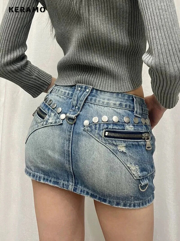 Saia com zíper Vintage A-Line feminino, Streetwear Y2K, bainha sexy, casual, cintura alta, fino, doce quente, mini jeans, curto, verão, 2024