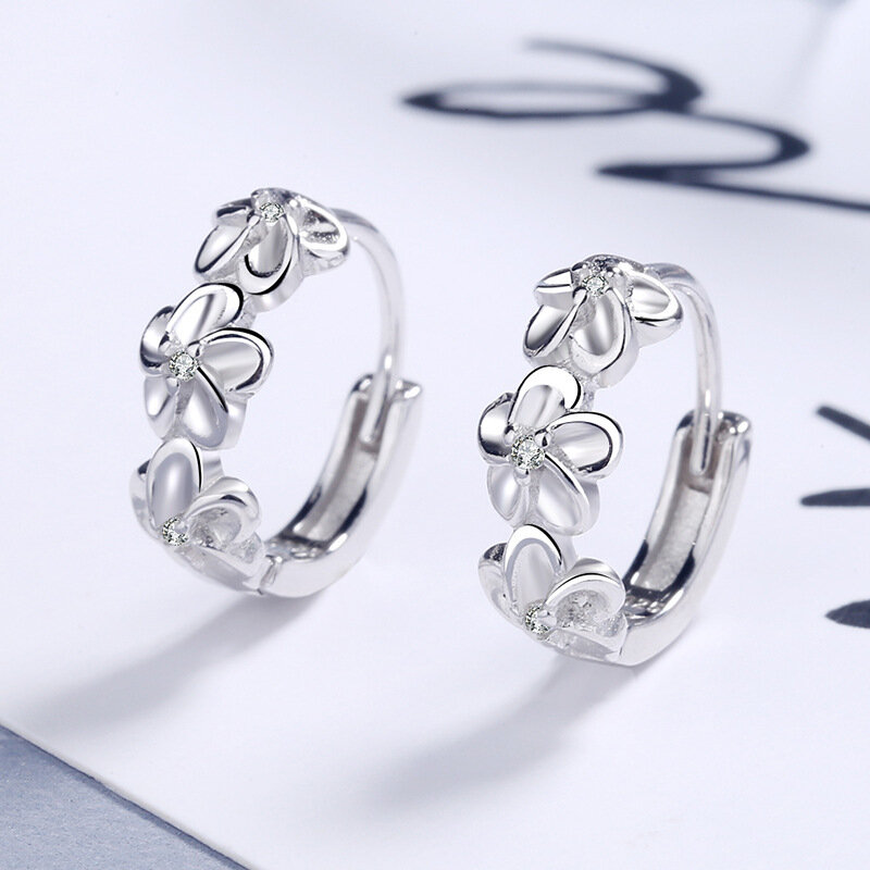 JewelryTop 925 Sterling Silver Needle Earrings for Women's Wedding Fashion High Quality Jewelry Crystal Zircon Flower Type Stud