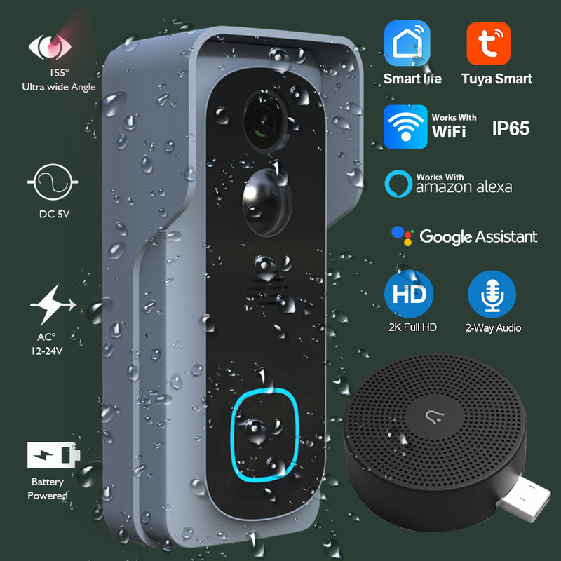 Caméra de sonnette vidéo Tuya 3MP, Wi-Fi, IP65, batterie étanche, AC 12V, sonnette de porte intelligente sans fil, interphone, enregistrement rigour, sécurité à domicile