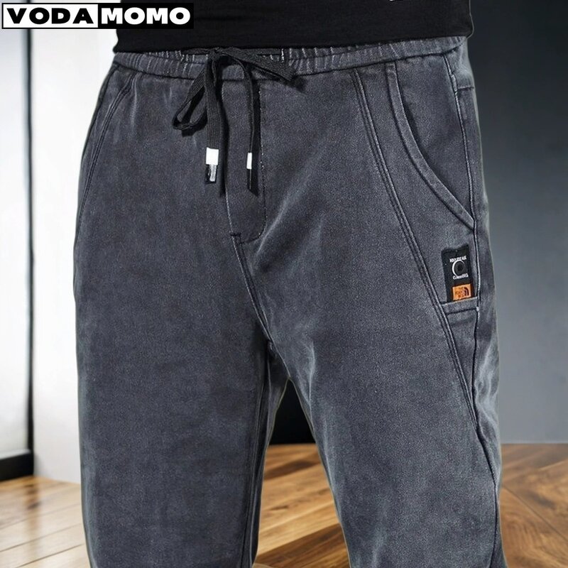 Celana Jeans Hip Hop pria, pakaian Jogger longgar kasual Korea panjang sepergelangan kaki 2024 untuk lelaki