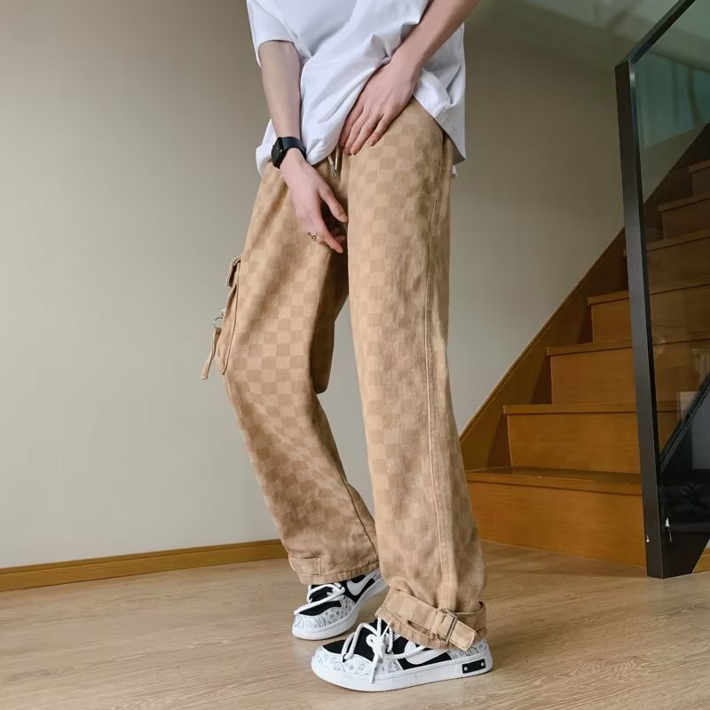 Celana kargo pria kotak-kotak streetwear nyaman chic sehari-hari mode kuliah kain pel berenda desain serbaguna gaya Jepang celana harajuku