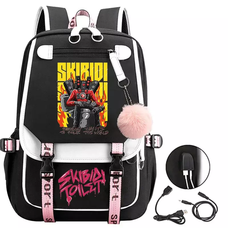 Skibidi 변기 USB 충전 배낭 십대 소녀 학교 가방, 대용량 여행 스포츠 휴대용 학생 책가방