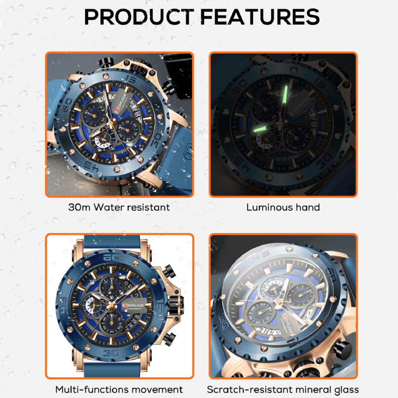 Часы наручные BORUSE Мужские кварцевые, модные брендовые Роскошные водонепроницаемые спортивные светящиеся с хронографом и автоматической датой