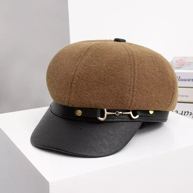 Beret Autumn/Winter Korean Edition Japanese Versatile Leather Buckle Art Octagonal Duck Tongue Hat British Retro Artist Hat