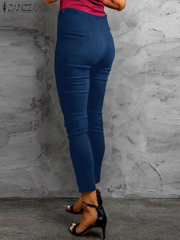 Zanzea กางเกงขายาวกระชับสัดส่วนสำหรับผู้หญิง, กางเกงแฟชั่นเอวสูง2023ฤดูใบไม้ร่วงกางเกงผ่าข้างแบบลำลอง