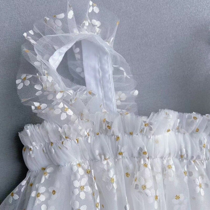 Sukienka urodzinowa na ubrania dla dziewczynek słodki kwiatowy nadruk siatka księżniczki sukienki Tutu bez rękawów dla dziewczynek