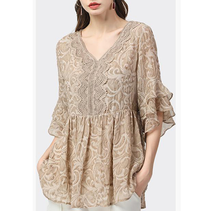 Women Ruffle Lace Patchwork Vintage Elegant Blouse Fashion Print Asymmetrical Loose Shirts Half Sleeve Tunic Tops Female Blusas