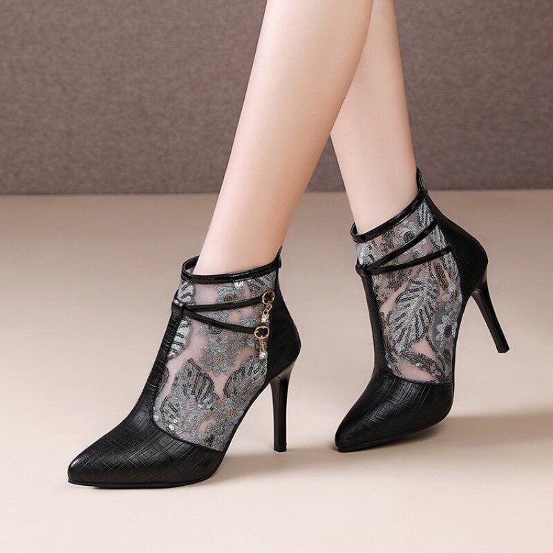 High Heel Short Boots Women Shoe 2024 Spring and Summer New Fine Heel Pointed and Naked Boots Back Zipper Large Size Women Boot