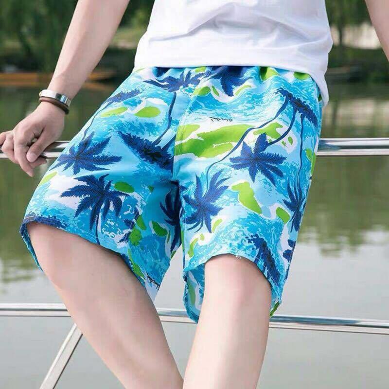 Celana pendek pantai pria, Bawahan kasual pinggang elastis bercetak pohon tropis cepat kering kaki lebar musim panas untuk lelaki