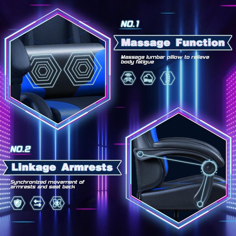 Silla Gaming con luces LED RGB, reposapiés y soporte Lumbar de masaje, asiento ergonómico para ordenador, altura ajustable con giro de 360 °