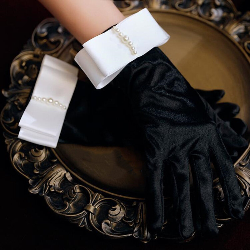 Women Black Princess Retro Style Photo Shoot Cosplay Dinner Party Pearl Decoration Satin Gloves Stage Performance Etiquette