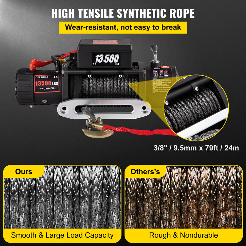Best Price EU Shipping VEVOR 13500LBS Electric Winch Synthetic 12V Tow Rope 27M/92FT Lifting Hoist for 4X4 Car Trailer ATV Truck