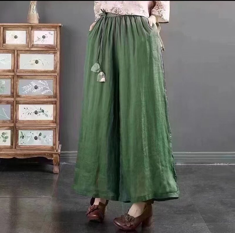 Chinese Ramie Broad Loose Leg Pants Summer New Solid Color Simple Pendant Elastic Waist Casual Loose Thin Pants Women Bottoms