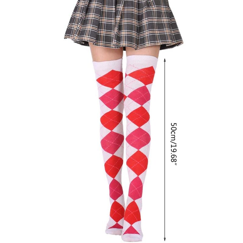여자 학생 허벅지 높은 양말 빈티지 다채로운 아가일 격자 무늬 무릎 스타킹 이상