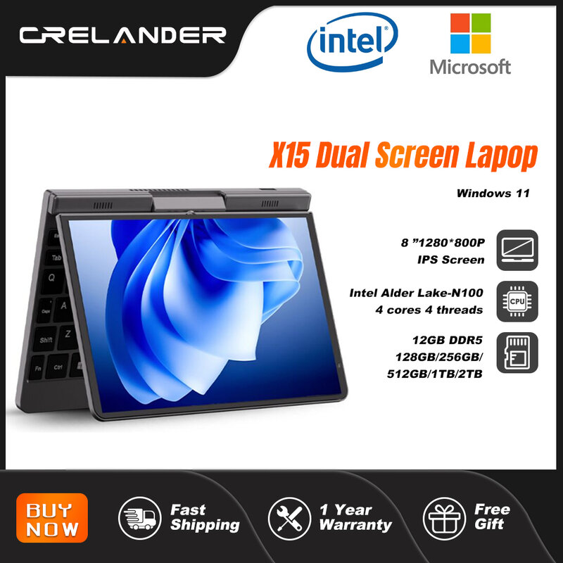 CRELANDER P8 Laptop Mini, Laptop Gaming layar sentuh 8 inci Intel Alder Lake N100 12GB DDR5 Windows 11 WiFi 6 saku kecil