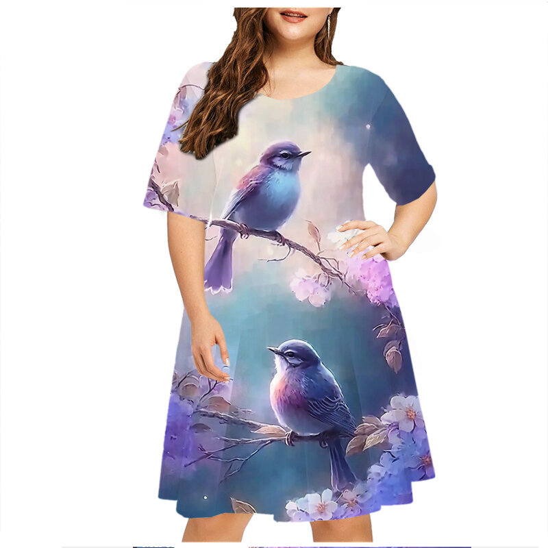 2023 letnie kobiety ubierają modną damską z okrągłym dekoltem z krótkim rękawem w kwiatowy nadruk wzór ptaków sukienka luźna odzież Plus Size na co dzień