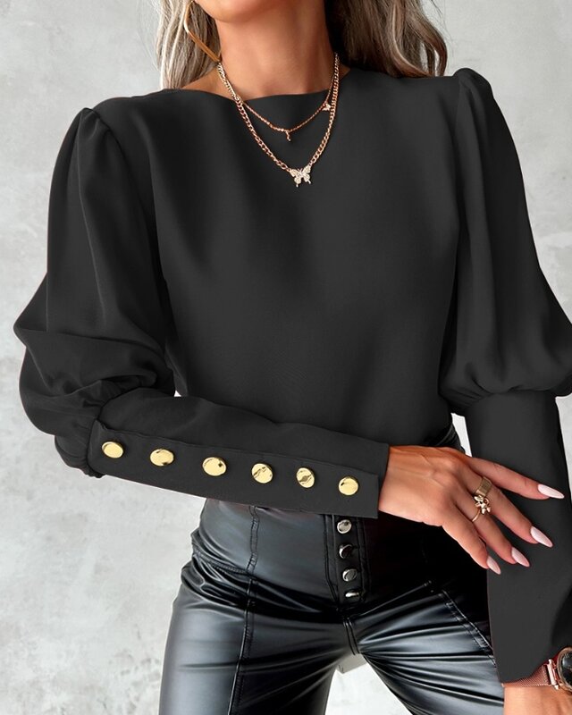 Womens Blouse 2023 New Autumn Fashion Buttoned Eyelash Lace PatchTop Solid Color Long Sleeved Commuting Sexy Backless Blouses